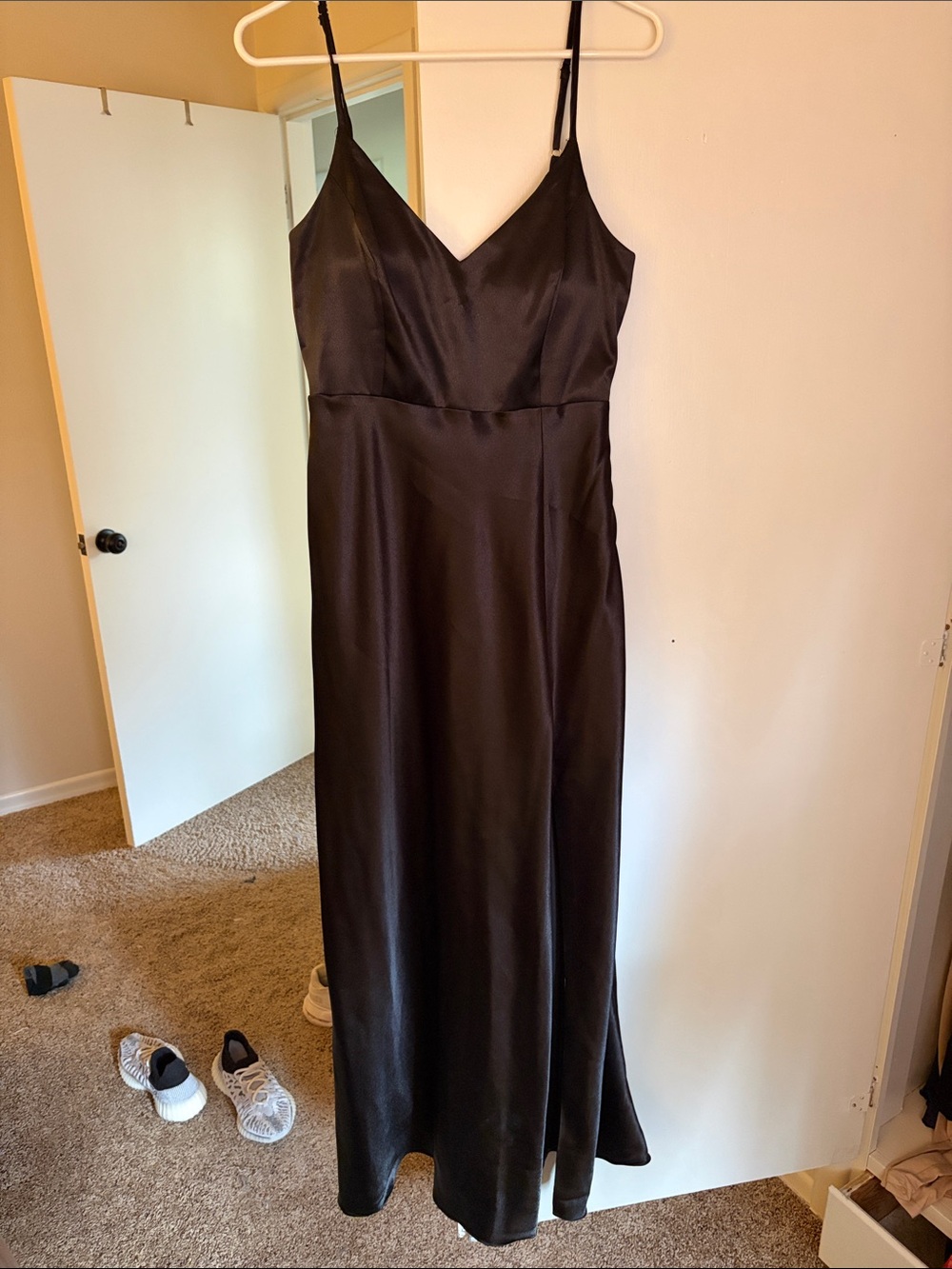 Birdy Grey Black Satin Dress with V-Neck and slit
